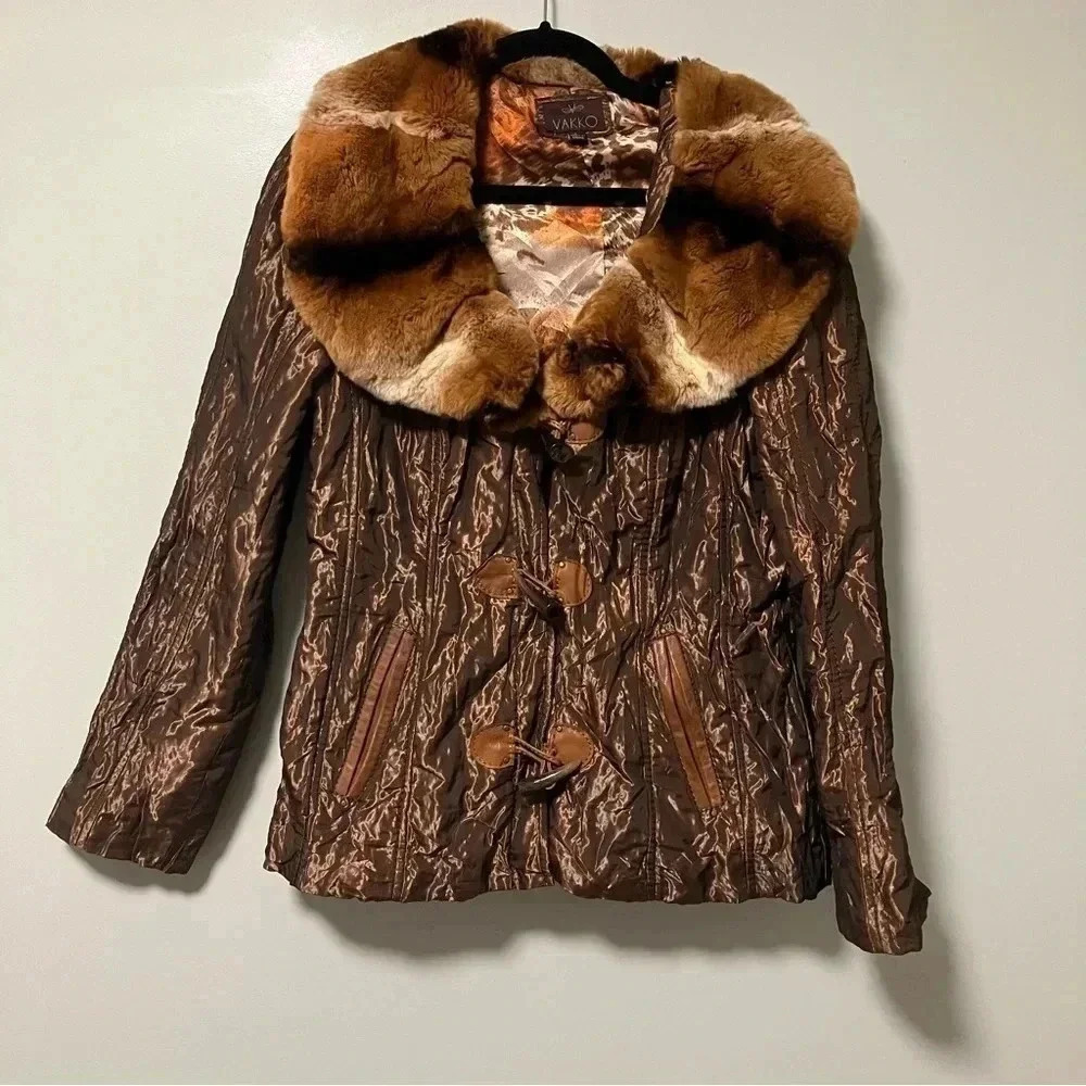 Vakko Y2K rabbit fur wrinkled jacket with leather trim  duffle jacket snap